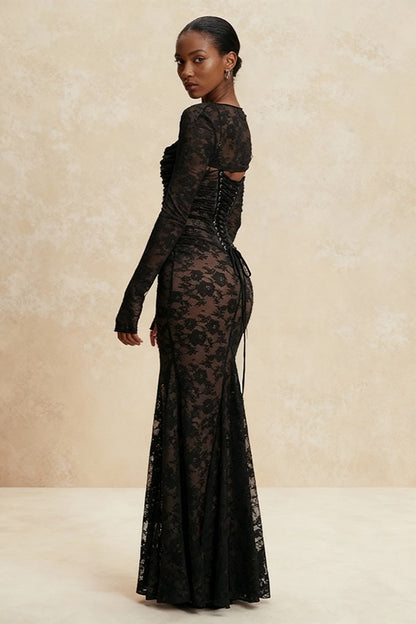 Floral Lace Square Neck Spaghetti Strap Ruched Long Sleeve Bolero Maxi Dress