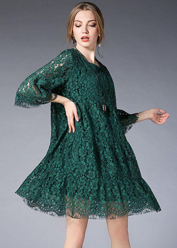 Round Neck Three Quarter Bell Sleeve Eyelash Lace Tiered Babydoll Mini Dress