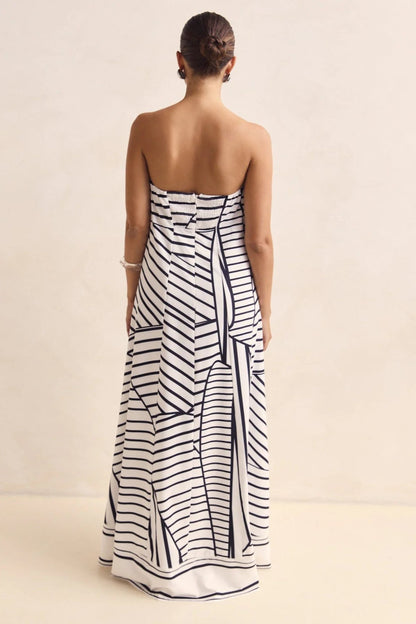 Strapless Contrast Band Hem A-Line Maxi Dress