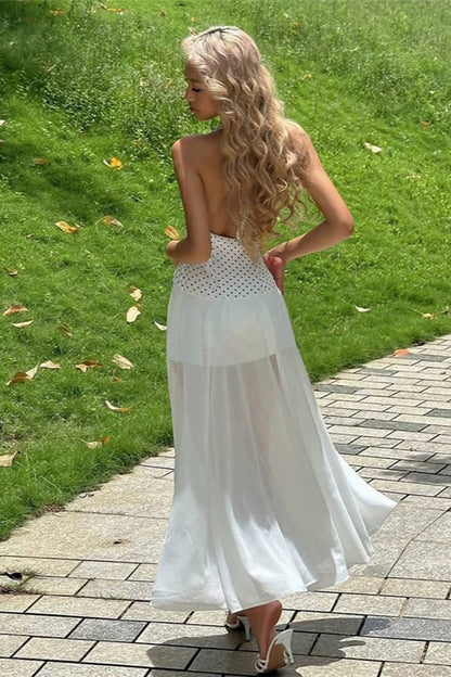 Polka Dot Halter Neck Deep V-Neck Bow Tie Sheer Overlay Maxi Dress