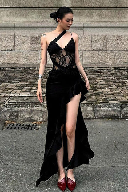 Streetwear Irregular Lace Patch Sheer Mini Dress
