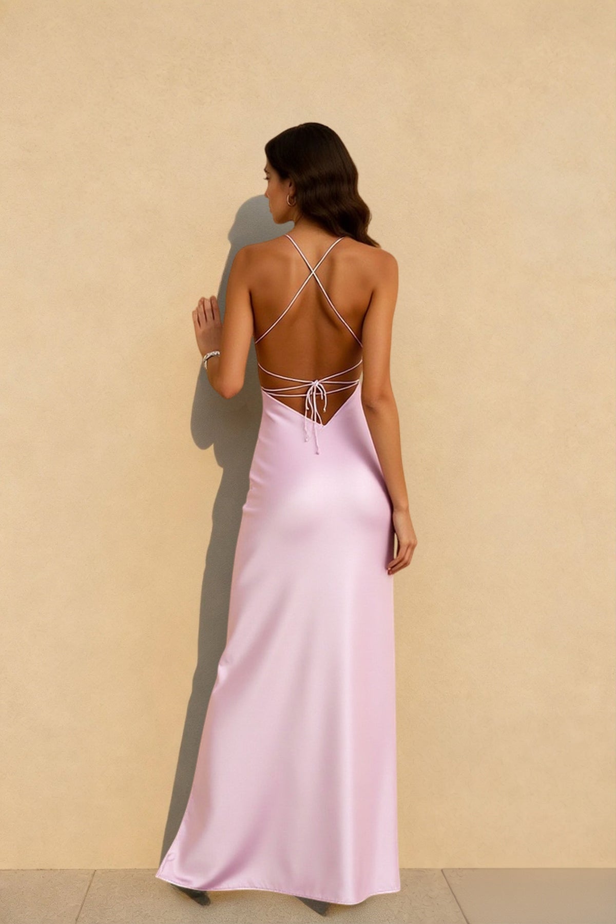 Spaghetti Strap Deep Scoop Neck Satin Bodycon Midi Dress