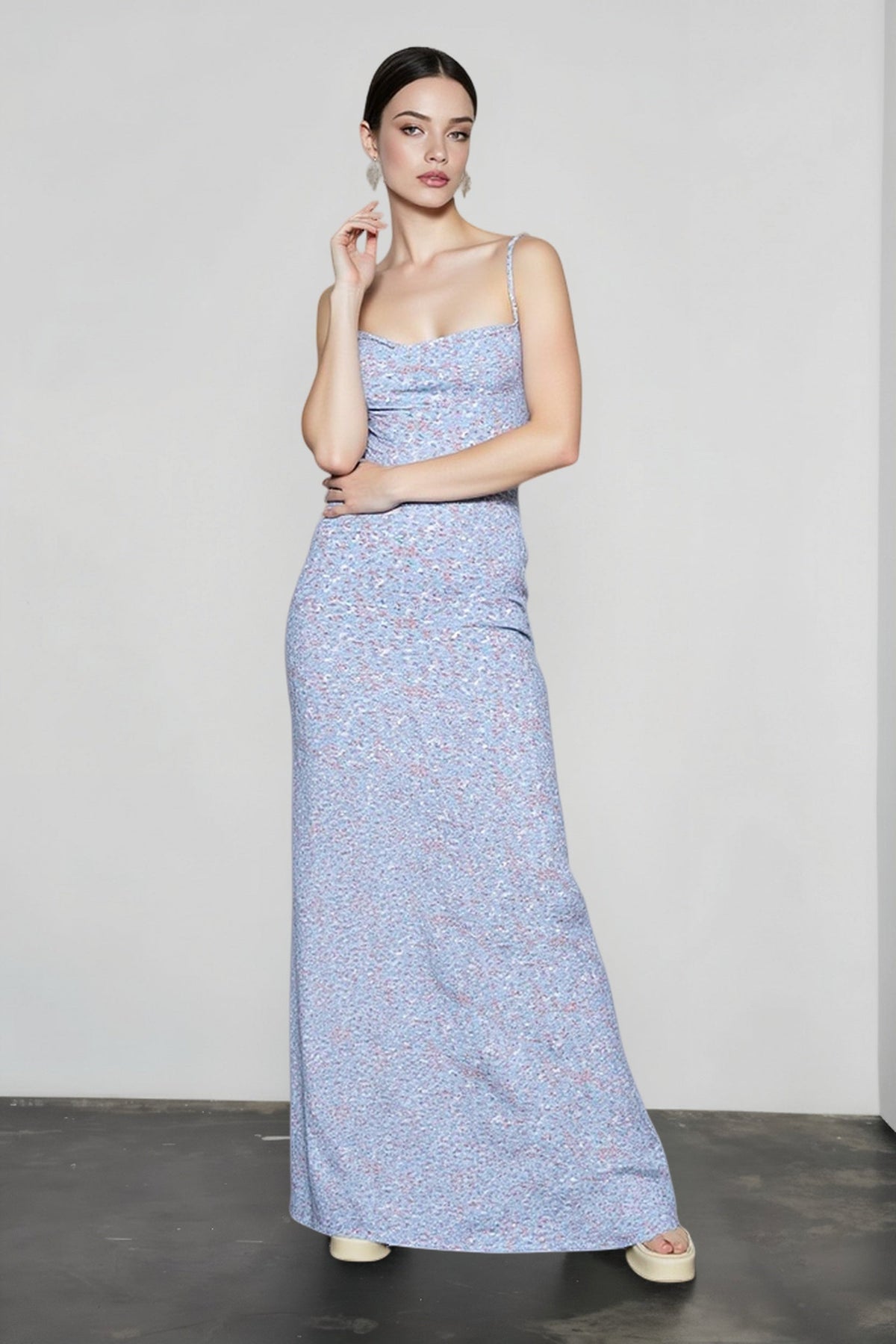 Cowl Neck Spaghetti Strap Ditsy Floral Column Maxi Dress