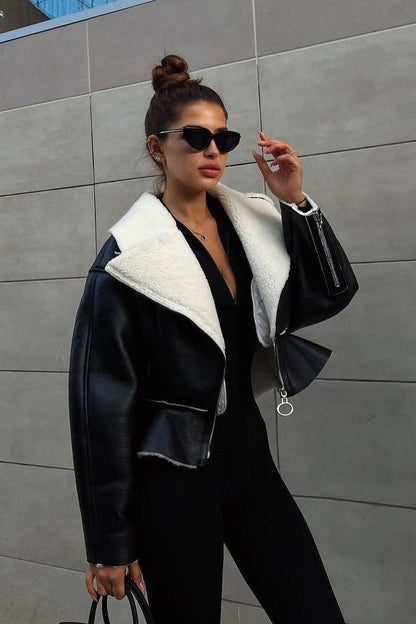 Chic Odd Zip Leather Fur Pieced Coat