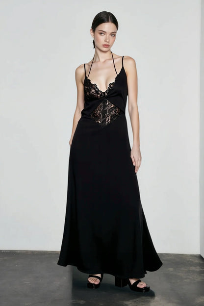 Deep V Neck Lace Insert Panel Spaghetti Strap Slip Maxi Dress