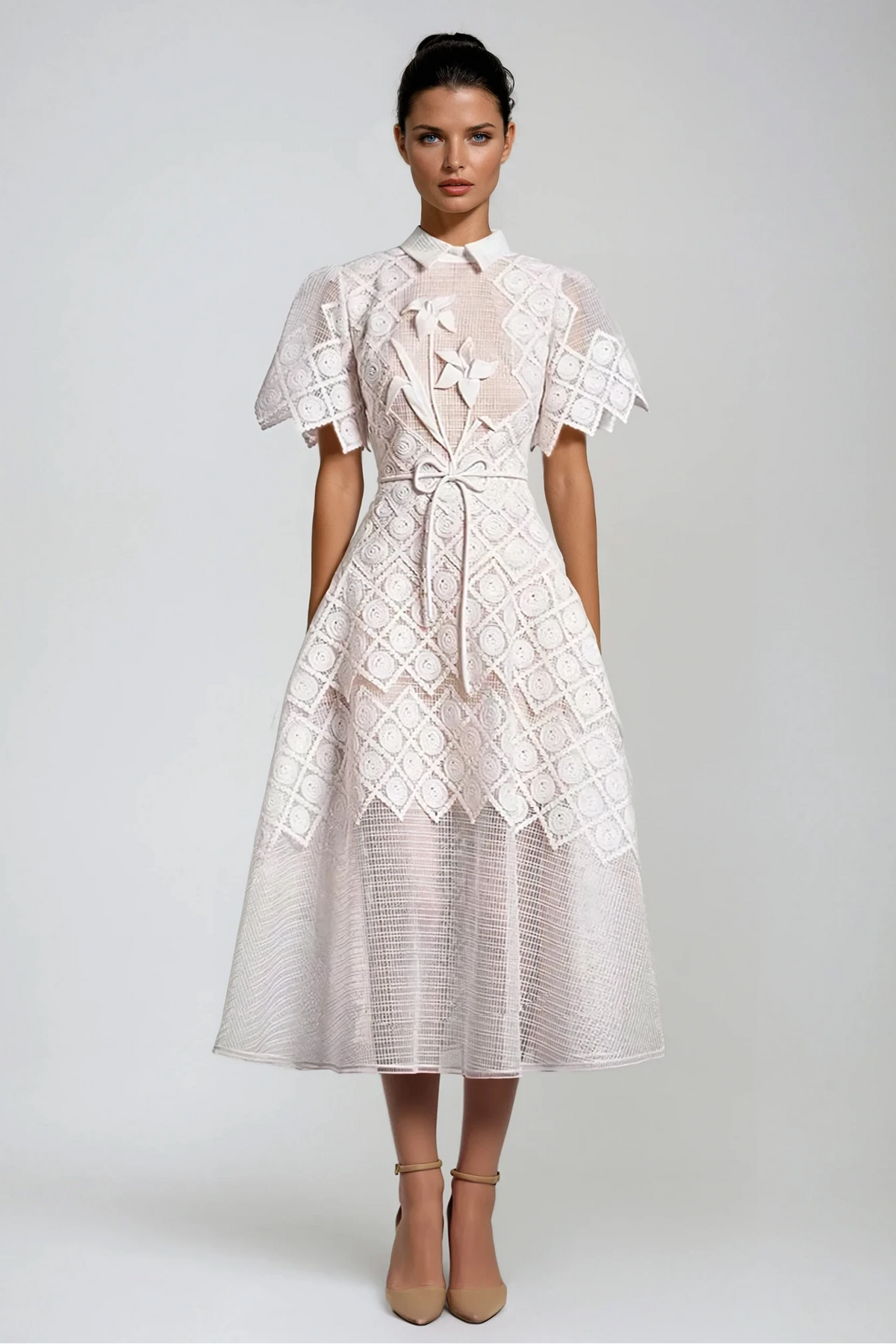 Pointed Collar Mesh Bodice 3D Floral Lace Butterfly Sleeve Midi Dress