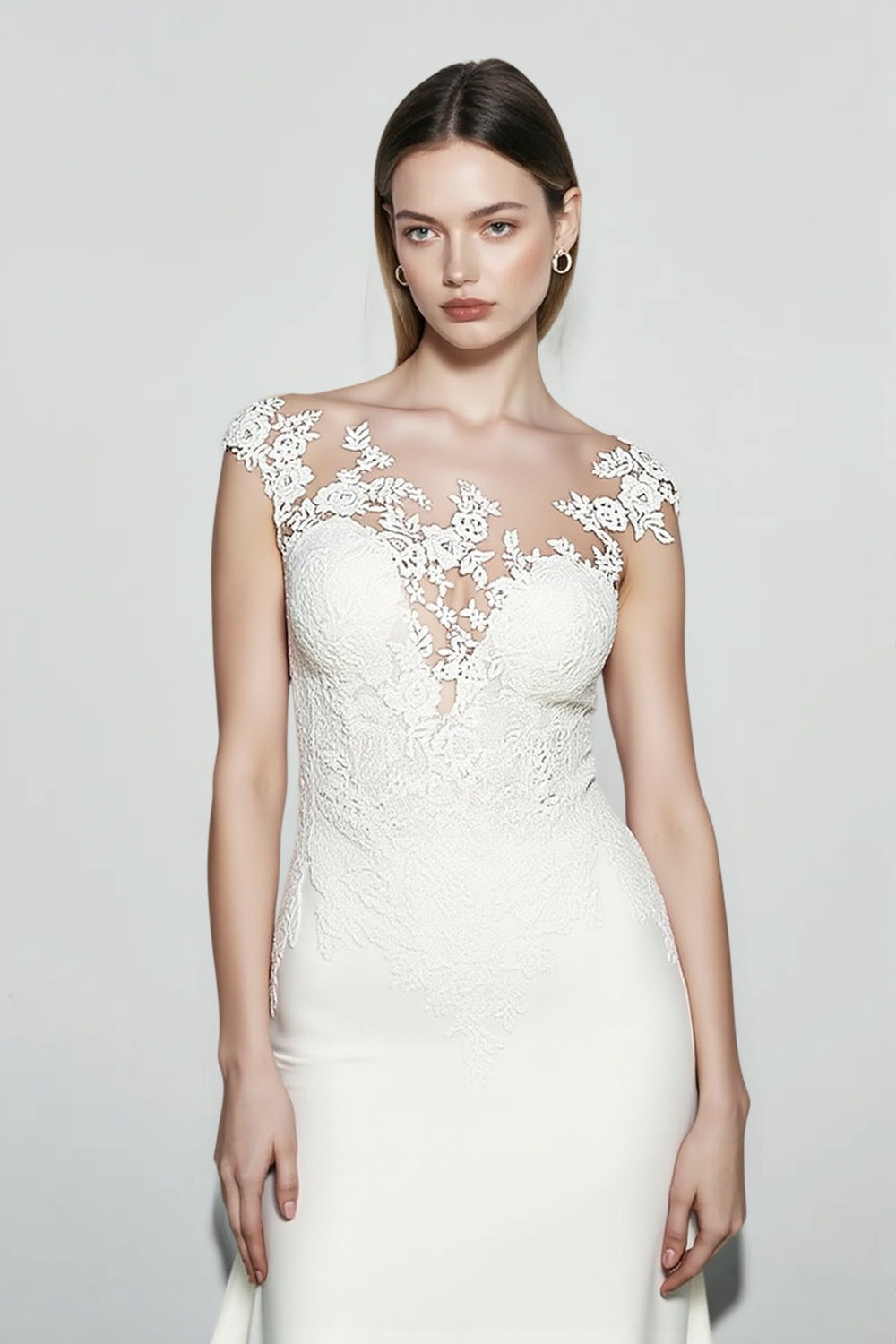 Floral Lace Applique Illusion Sweetheart Bodice Sheath Floor Length Gown