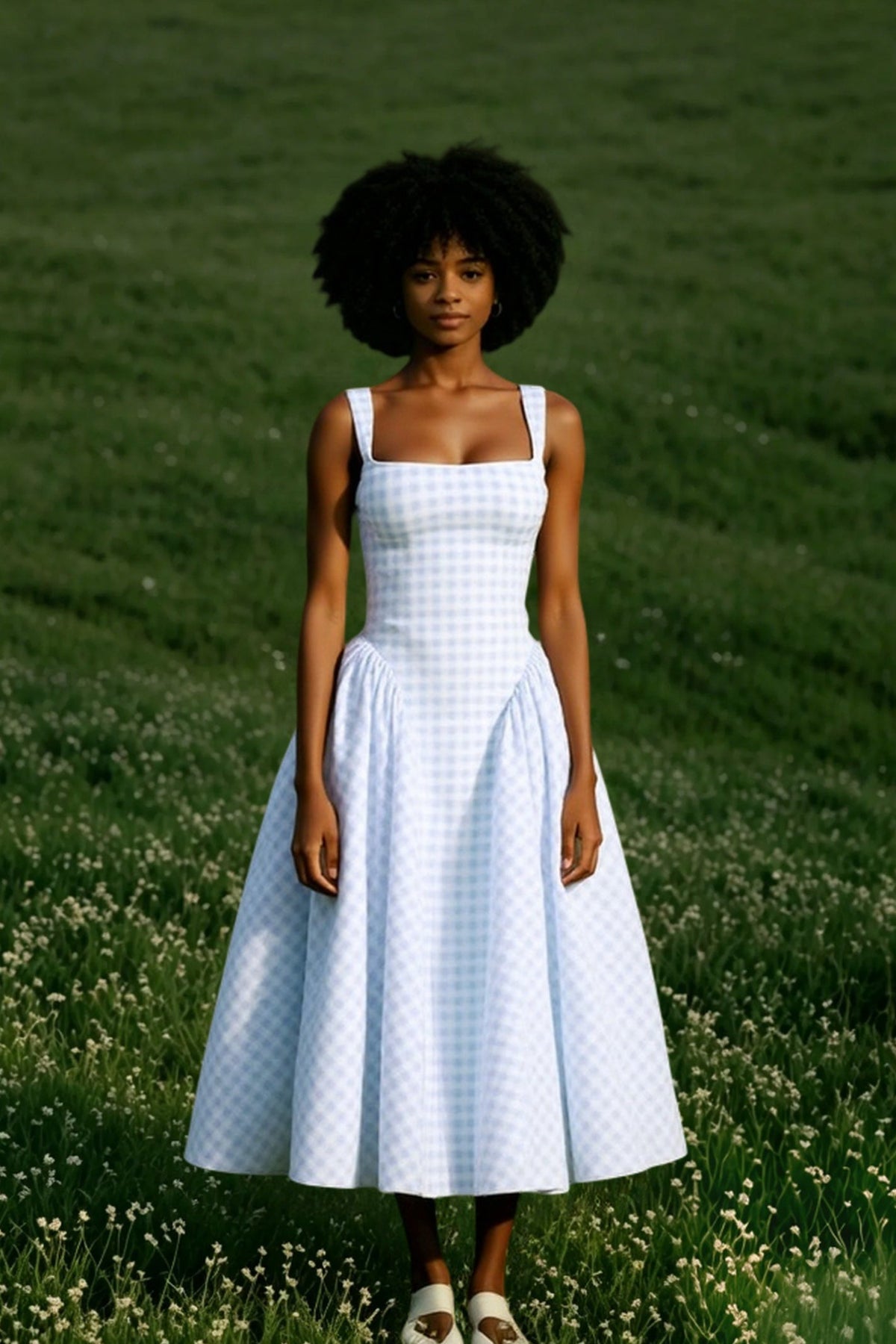 Square Neck Dropped Point Waist Gingham Check Fit and Flare Midi Dress
