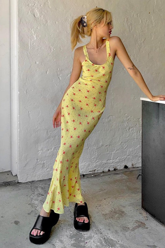 Yellow Scoop Neck Wide Strap Ditsy Floral Print Slip Maxi Dress