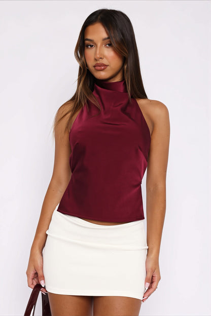 Mock Neck Fitted Halter Crop Top