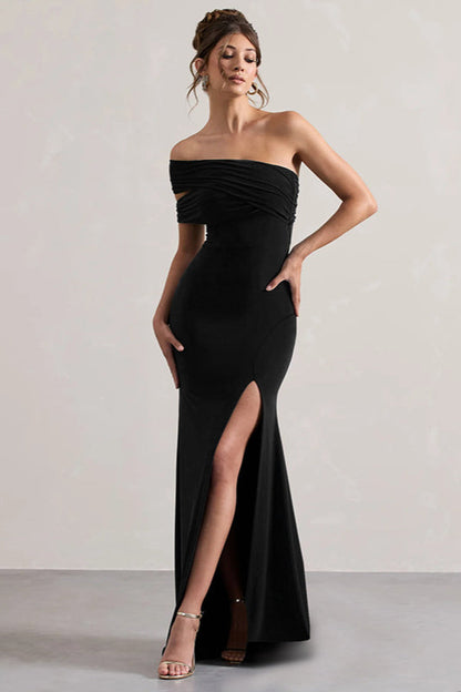 Mesh Panel Off-Shoulder Split Bodycon Party Dress