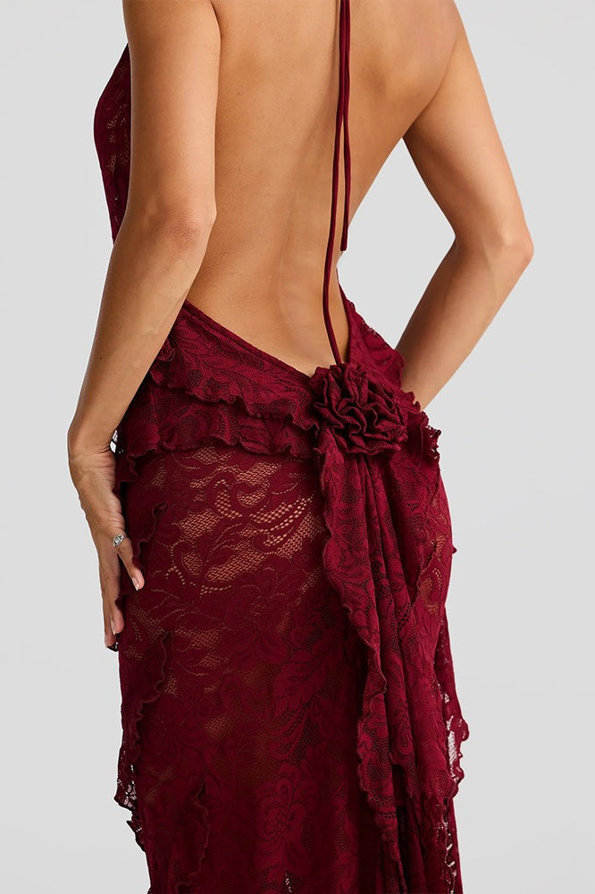 Cowl Halter Lace Cascade Ruffle Maxi Dress