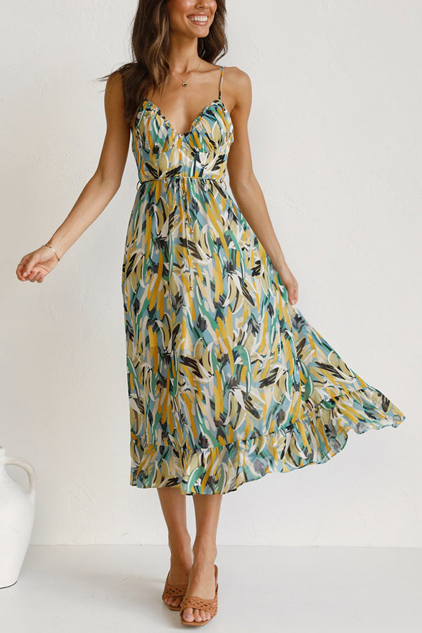 Abstract Print Spaghetti Strap V-Neck Drawstring Waist Tiered Ruffle Midi Dress