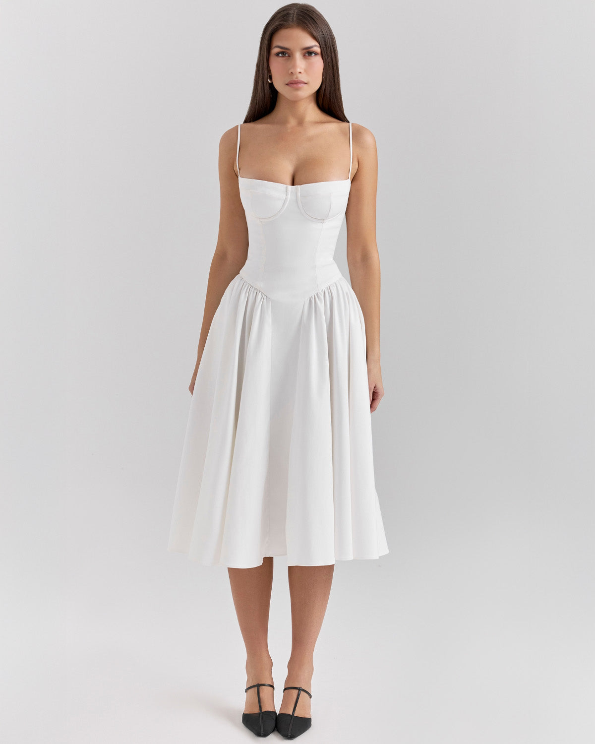 Bustier Spaghetti Strap Underwire Cup Dropped Waist Pleated Midi Dress