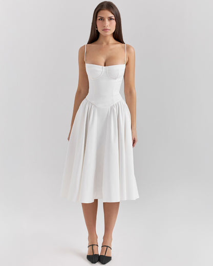 Bustier Spaghetti Strap Underwire Cup Dropped Waist Pleated Midi Dress