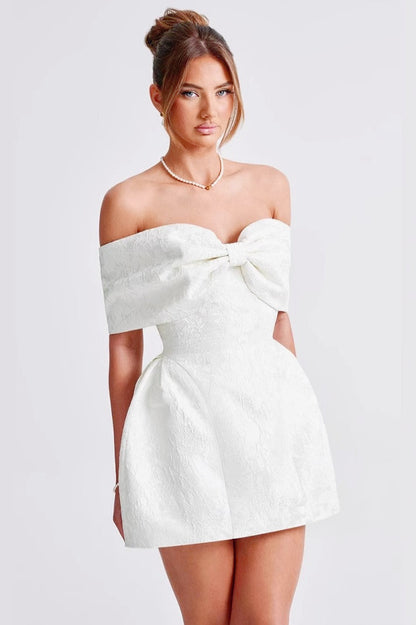 Jacquard Off Shoulder Bow Bustier Fit and Flare Mini Dress