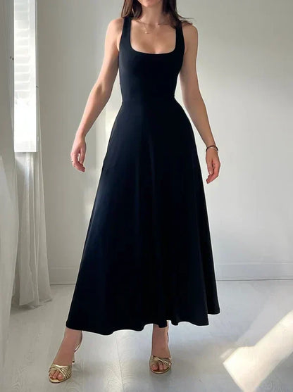 Scoop Neck Wide Strap Fit and Flare Maxi Dress