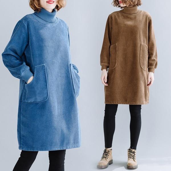 Corduroy Mock Neck Patch Pocket Ribbed Cuff Tunic Dress