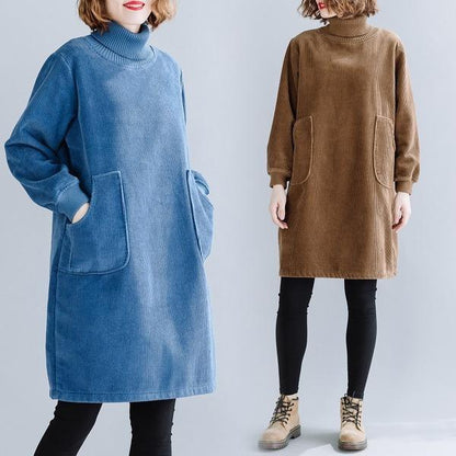 Corduroy Mock Neck Patch Pocket Ribbed Cuff Tunic Dress