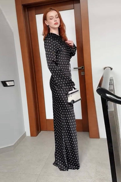Polka Dot Long Sleeve Tie Waist Satin Maxi Dress