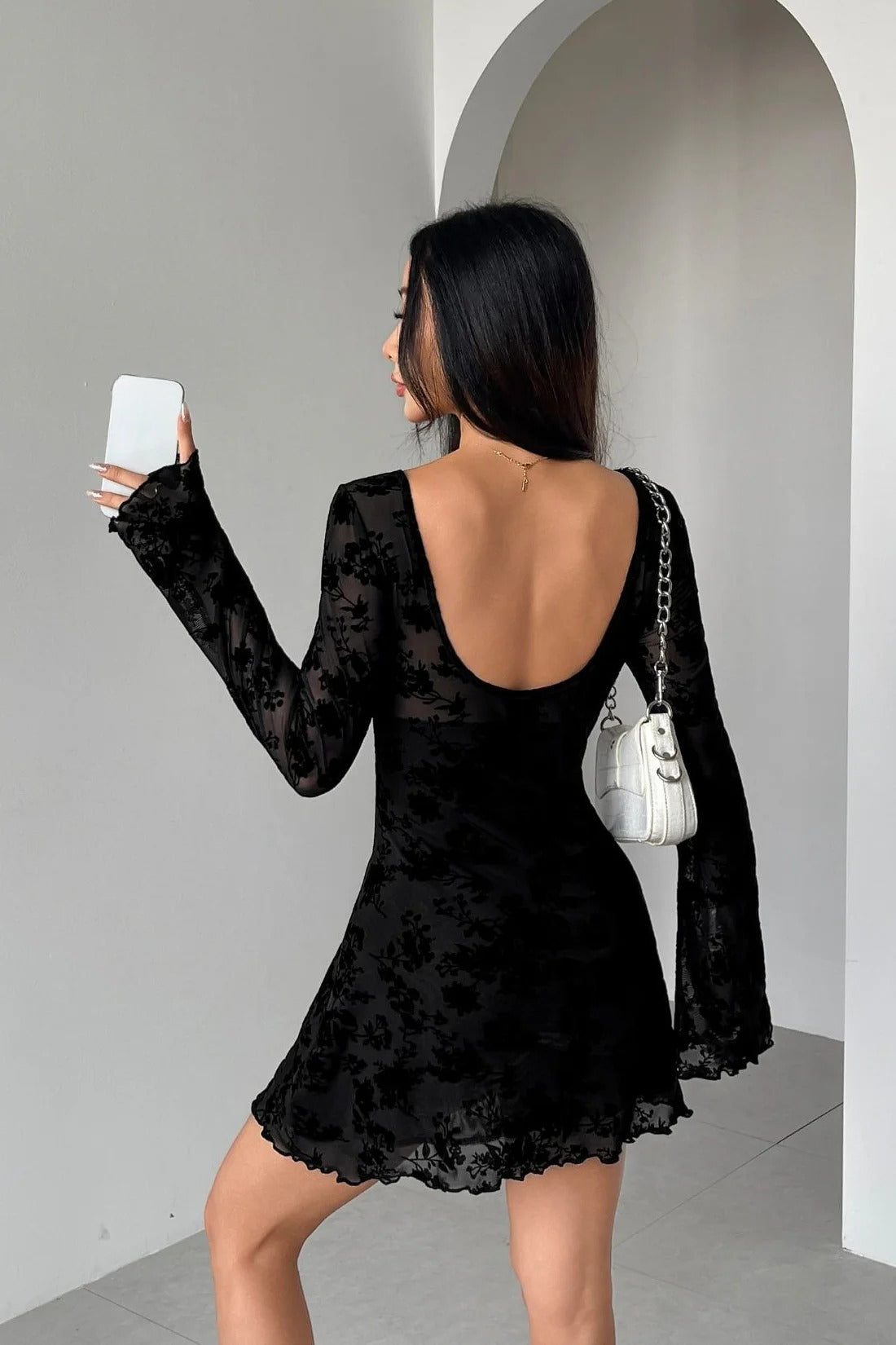 Flocked Floral Cutout Bow Long Sleeve Mini Dress