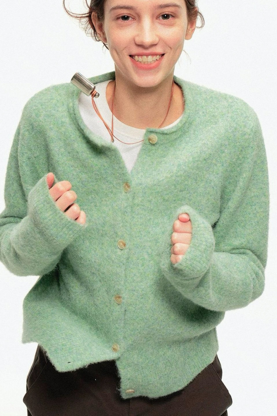 Retro Crew-Neck Green Knit Cardigan