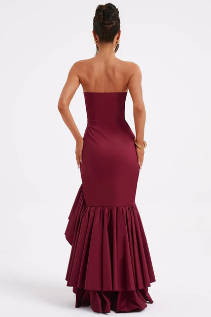 Strapless Corset Bustier High Split Ruffle Hem Maxi Dress