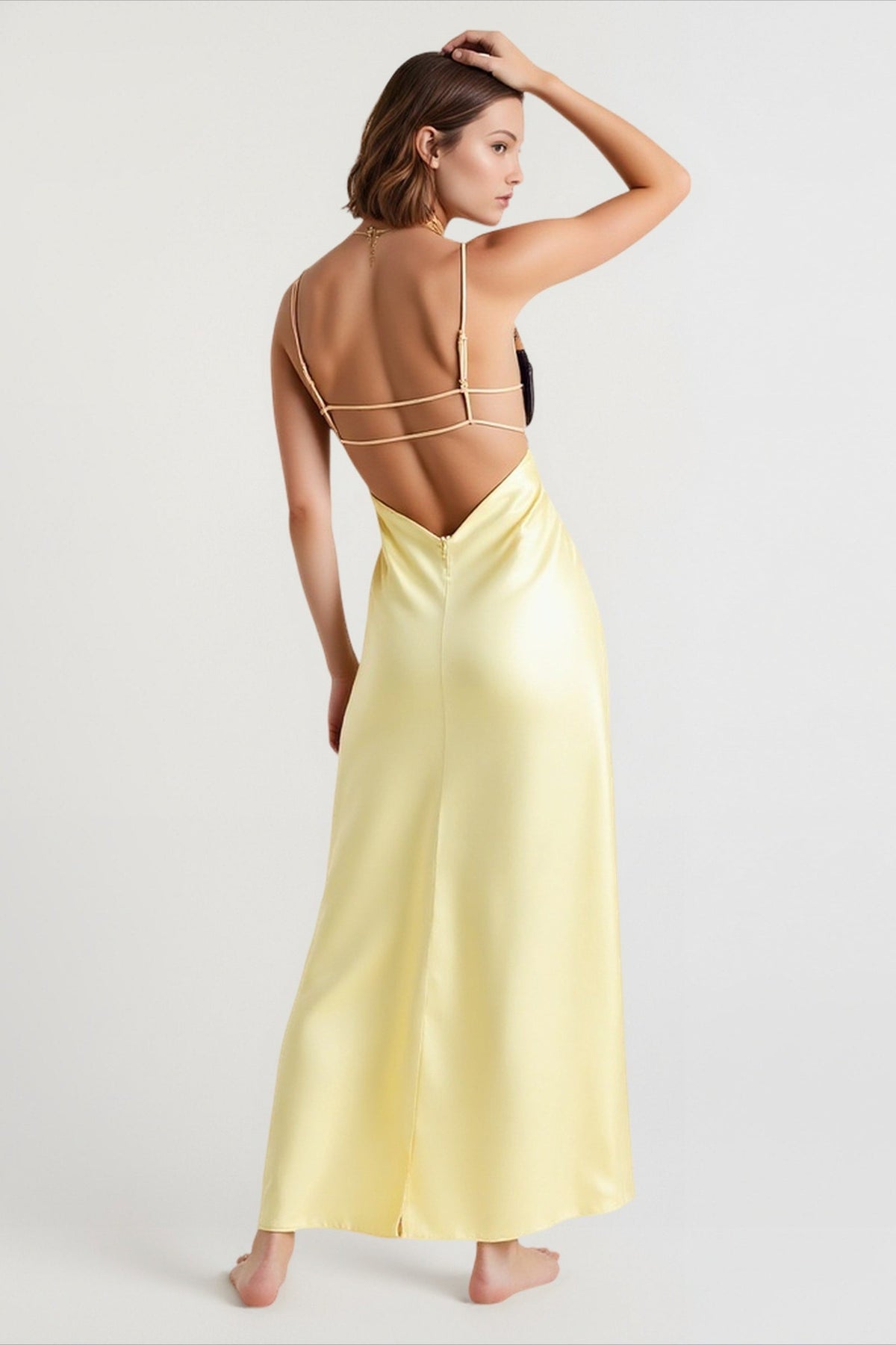 Satin Scarf Collar Halter Column Maxi Dress