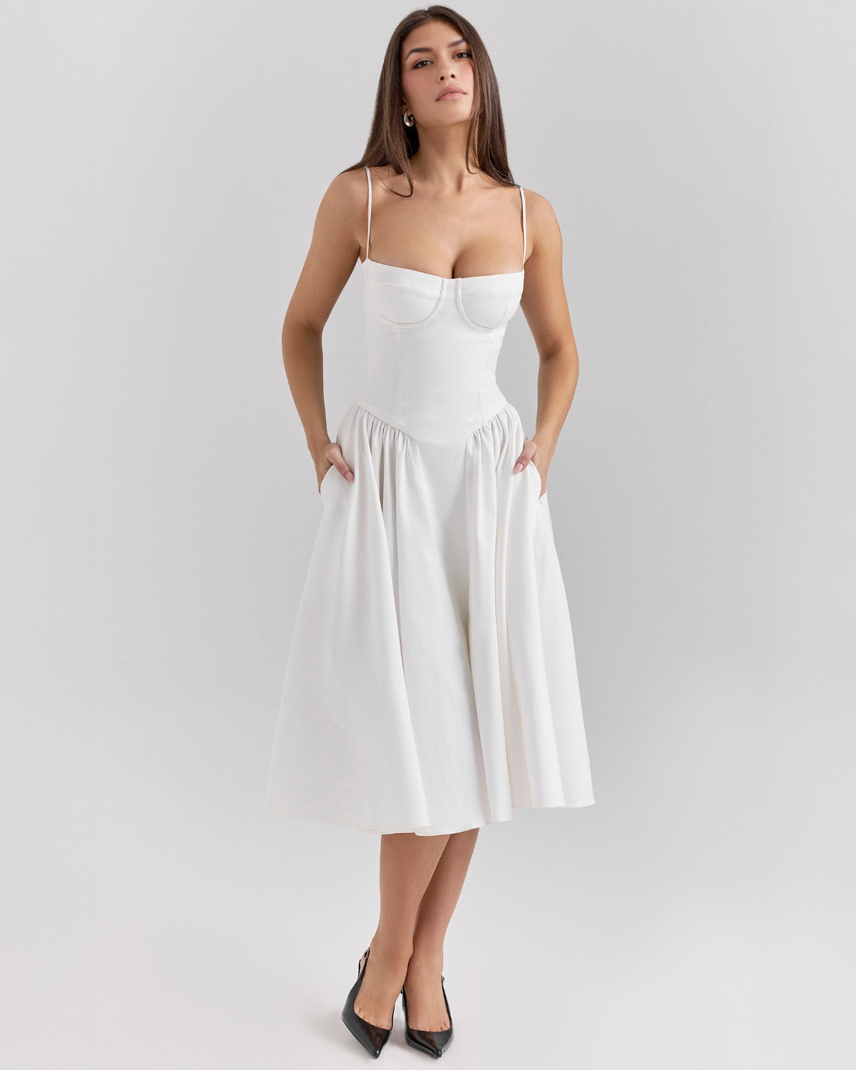 Bustier Spaghetti Strap Underwire Cup Dropped Waist Pleated Midi Dress