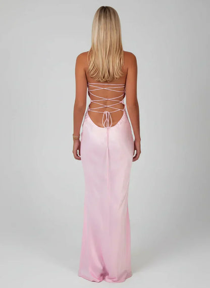Halter Neck Shimmer Bodice Satin Column Maxi Dress