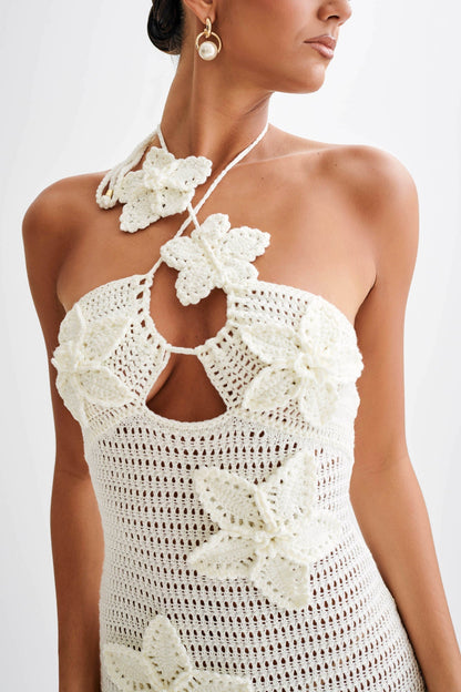 Halter Keyhole Crochet Floral Applique Bodycon Maxi Dress