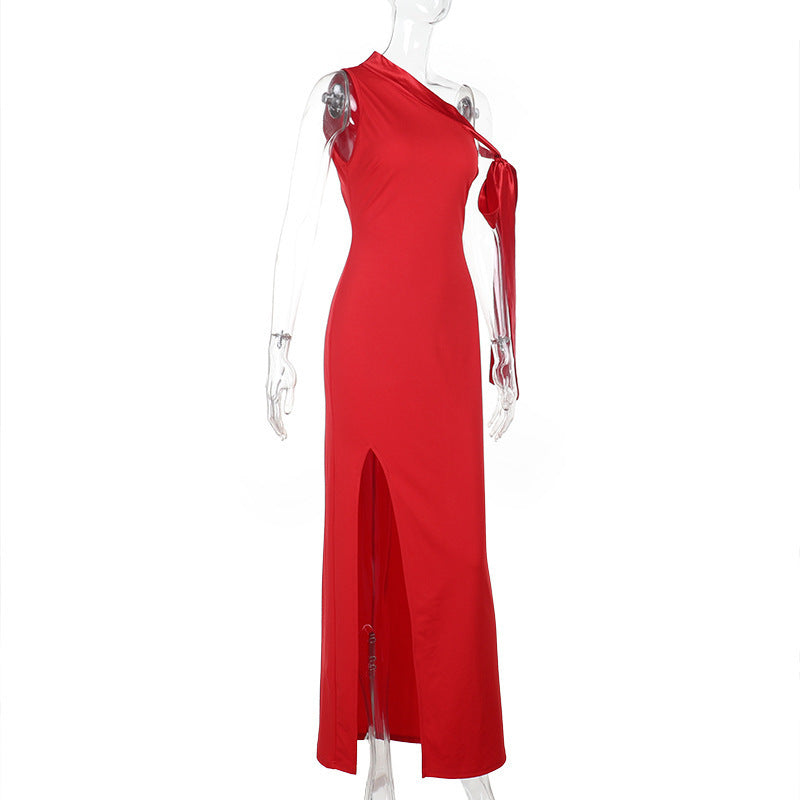 One Shoulder Bow Shoulder High Slit Column Maxi Gown