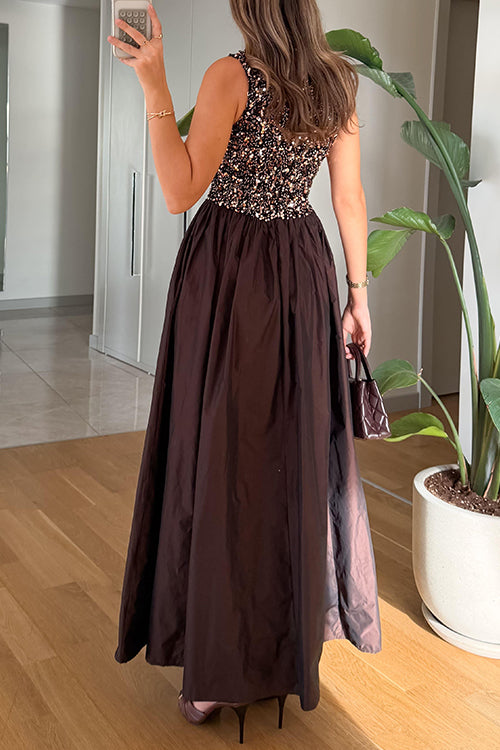 Crewneck Sleeveless Glitter Sequin Splice Maxi Dress