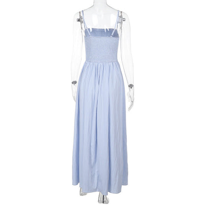 Spaghetti Strap Ruched Bust Corset Bodice A Line Maxi Dress