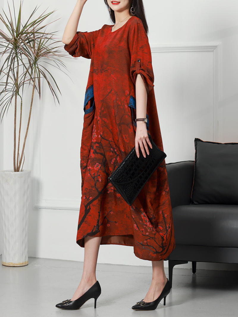 Round Neck Three Quarter Sleeve Blossom Print Pocket Midi Dress