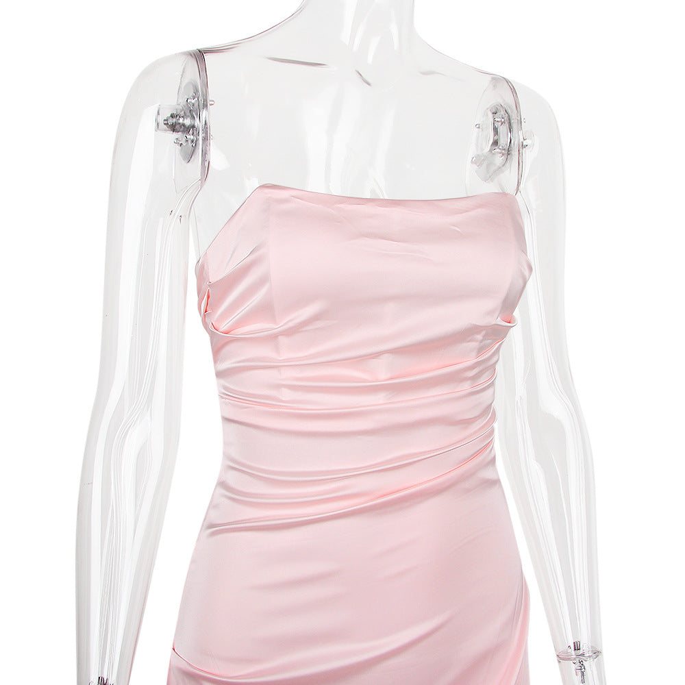 Strapless Ruched Satin Handkerchief Hem Mini Dress