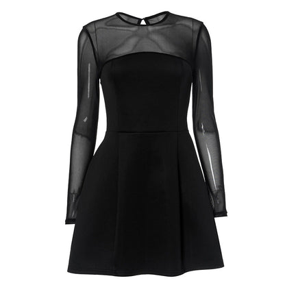 Mock Neck Mesh Yoke Long Sleeve Flared Mini Dress
