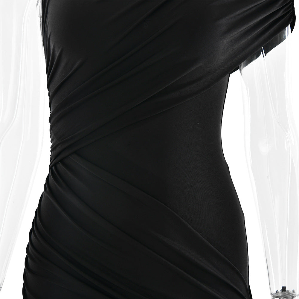 Mock Neck Sleeveless Ruched Asymmetric Side Train Mini Dress