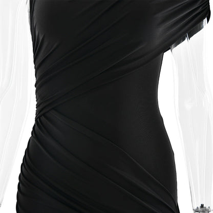 Mock Neck Sleeveless Ruched Asymmetric Side Train Mini Dress