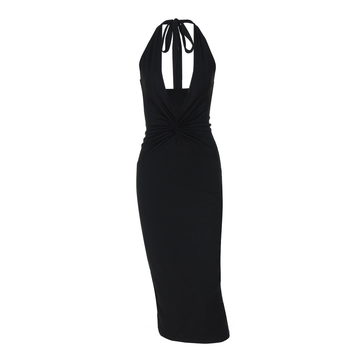 Halter Neck Plunging Twist Front Ruched Bodycon Midi Dress