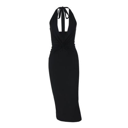 Halter Neck Plunging Twist Front Ruched Bodycon Midi Dress