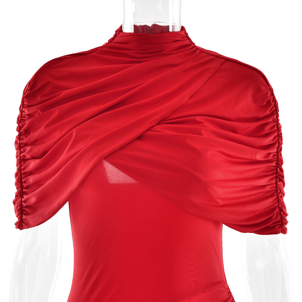 Mock Neck Draped Shoulder Ruched Asymmetrical Midi Dress