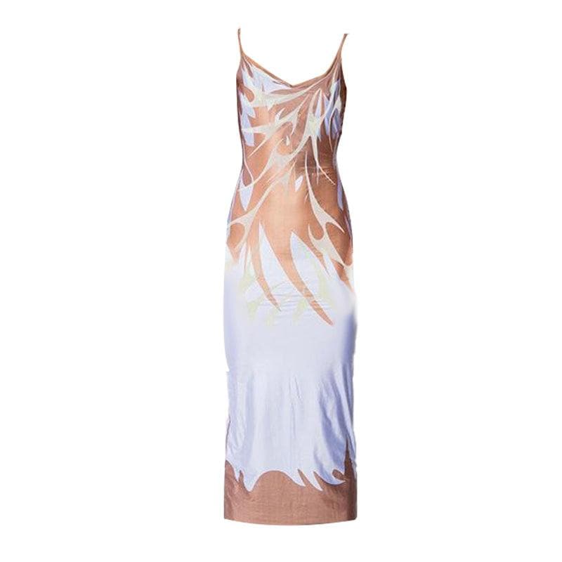 Scoop Neck Abstract Tribal Flame Print Spaghetti Strap Bodycon Maxi Dress