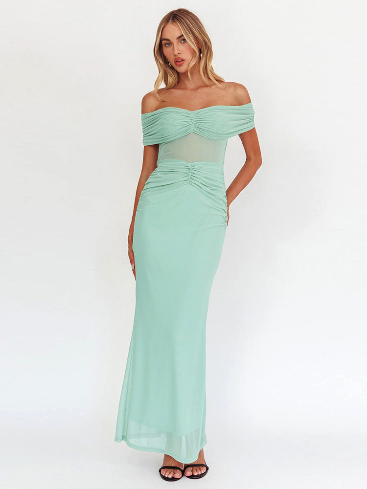 Off Shoulder Mesh Midriff Panel Ruched Waist Column Maxi Dress