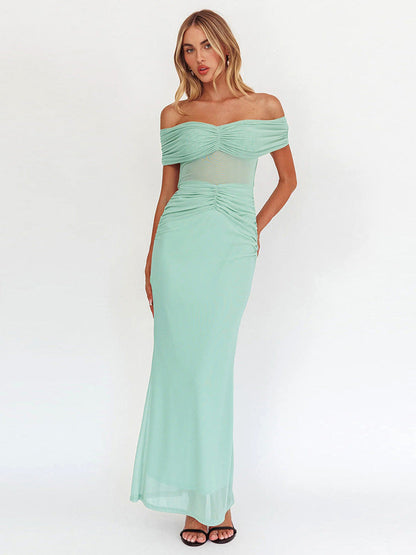Off Shoulder Mesh Midriff Panel Ruched Waist Column Maxi Dress