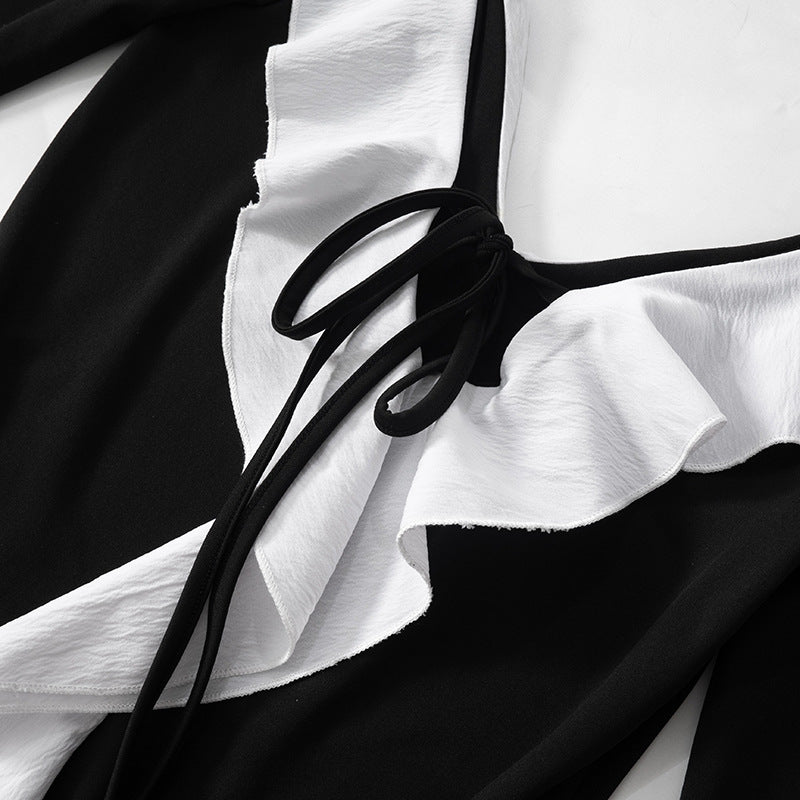Deep V Neck Tie Front Ruffle Collar Bell Sleeve Mini Dress