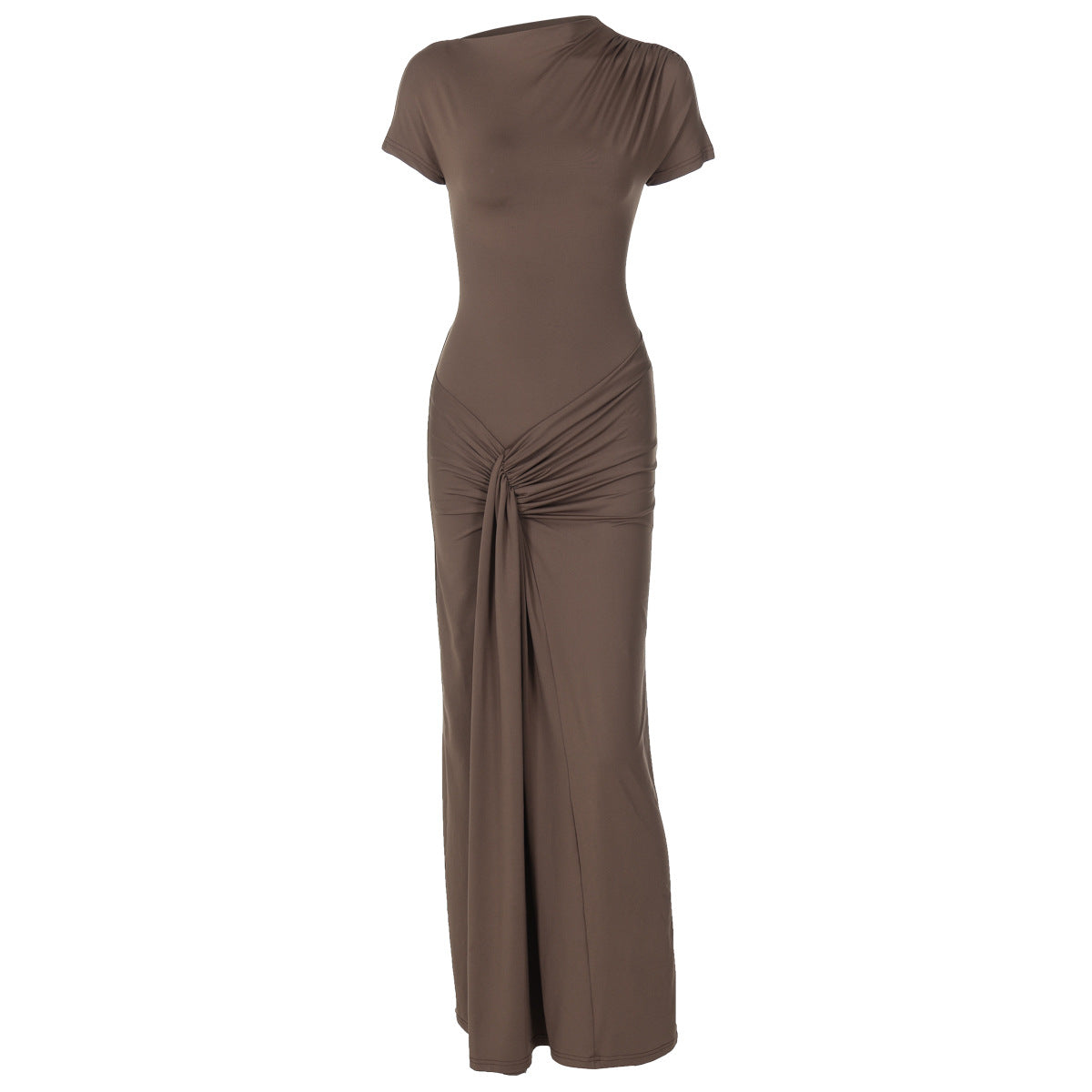 Mock Neck Cap Sleeve Front Knot Draped Panel Maxi Gown