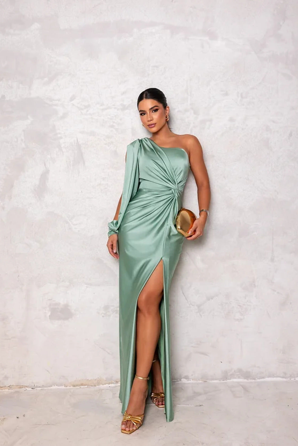 One Shoulder Draped Sleeve Ruched Waist High Slit Satin Maxi Dress
