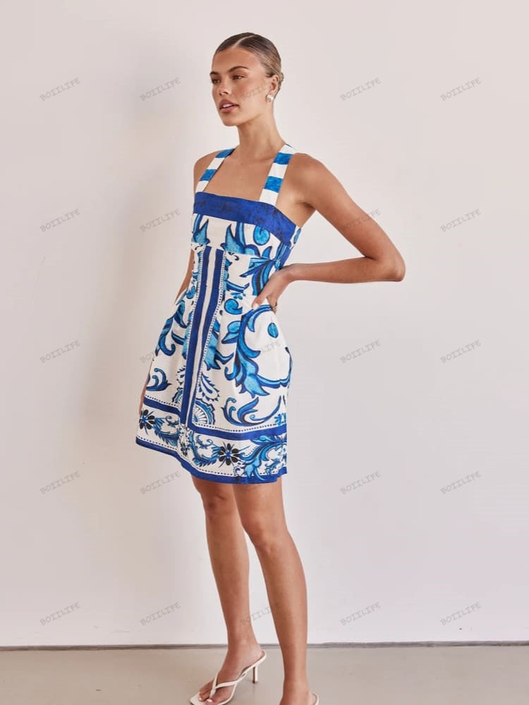 Graphic Print Spaghetti Strap Smocked Tier Mini Dress