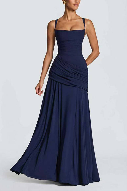 Sleeveless Back Criss Cross Solid Flowy Maxi Dress